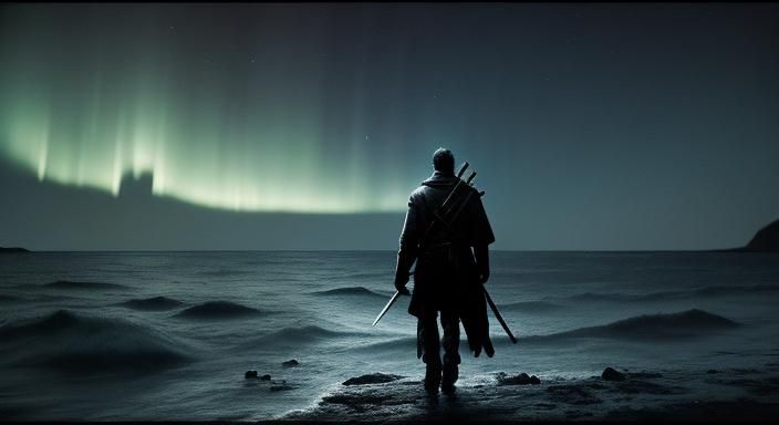 Man Walks Corpse Sea Under Aurora: Cinematic Still