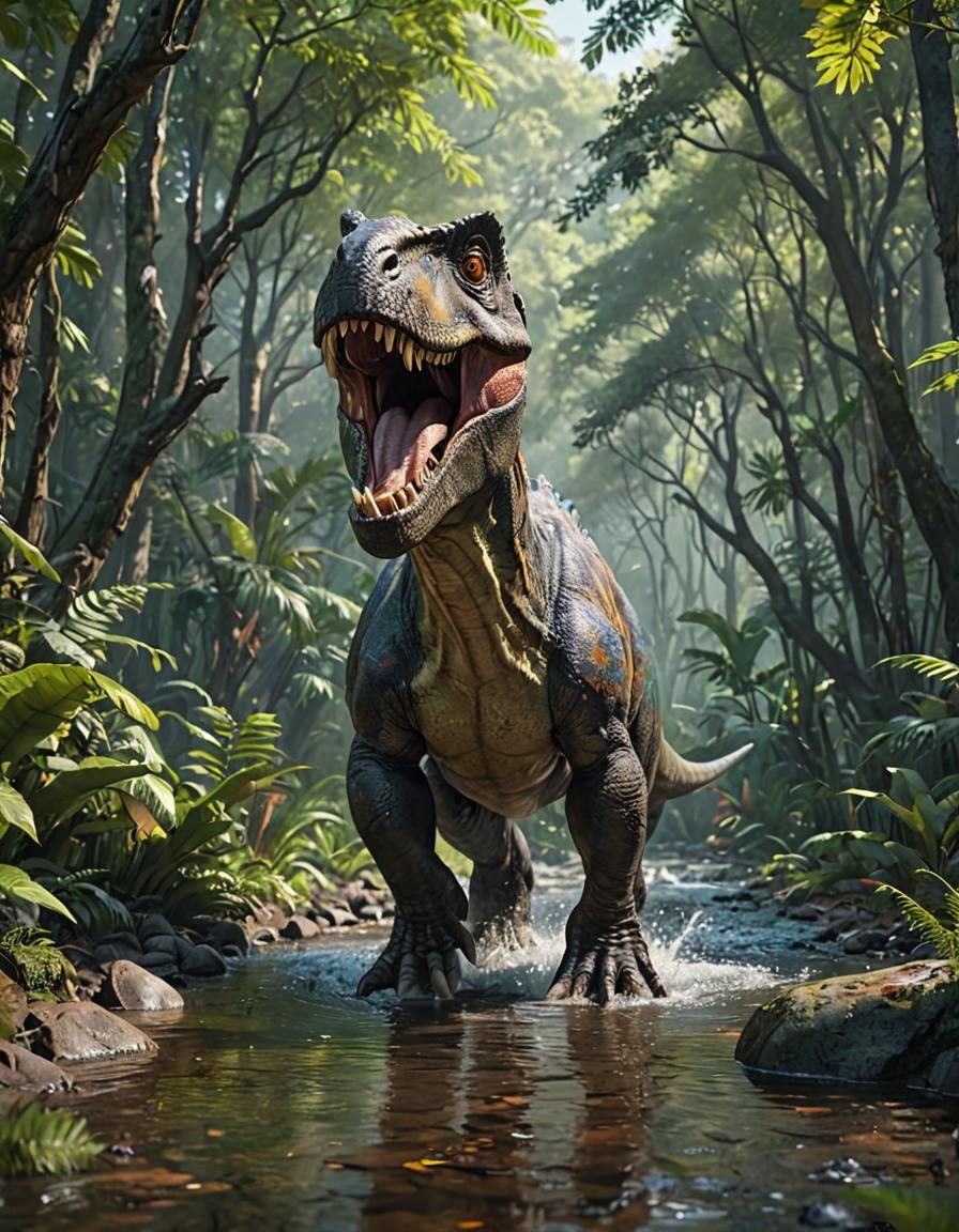 Hyperrealistic Dinosaur Wades Through Ancient Forest Stream