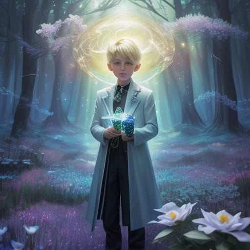 Surreal Child with Fairies in Bioluminescent Forest
