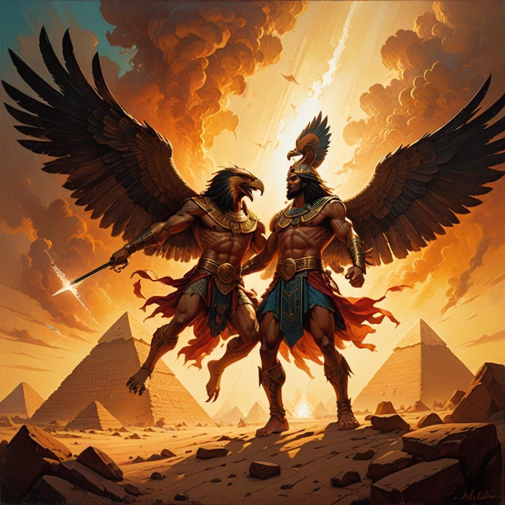 Dynamic oil painting. Medium shot. Horus and Set clashing in mid-air over ancient Egyptian pyramids. Low-angle shot. Dra...