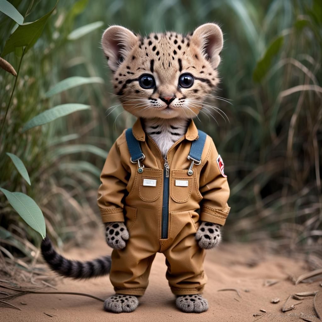 Anthropomorphic Kodkod Cub in Overalls