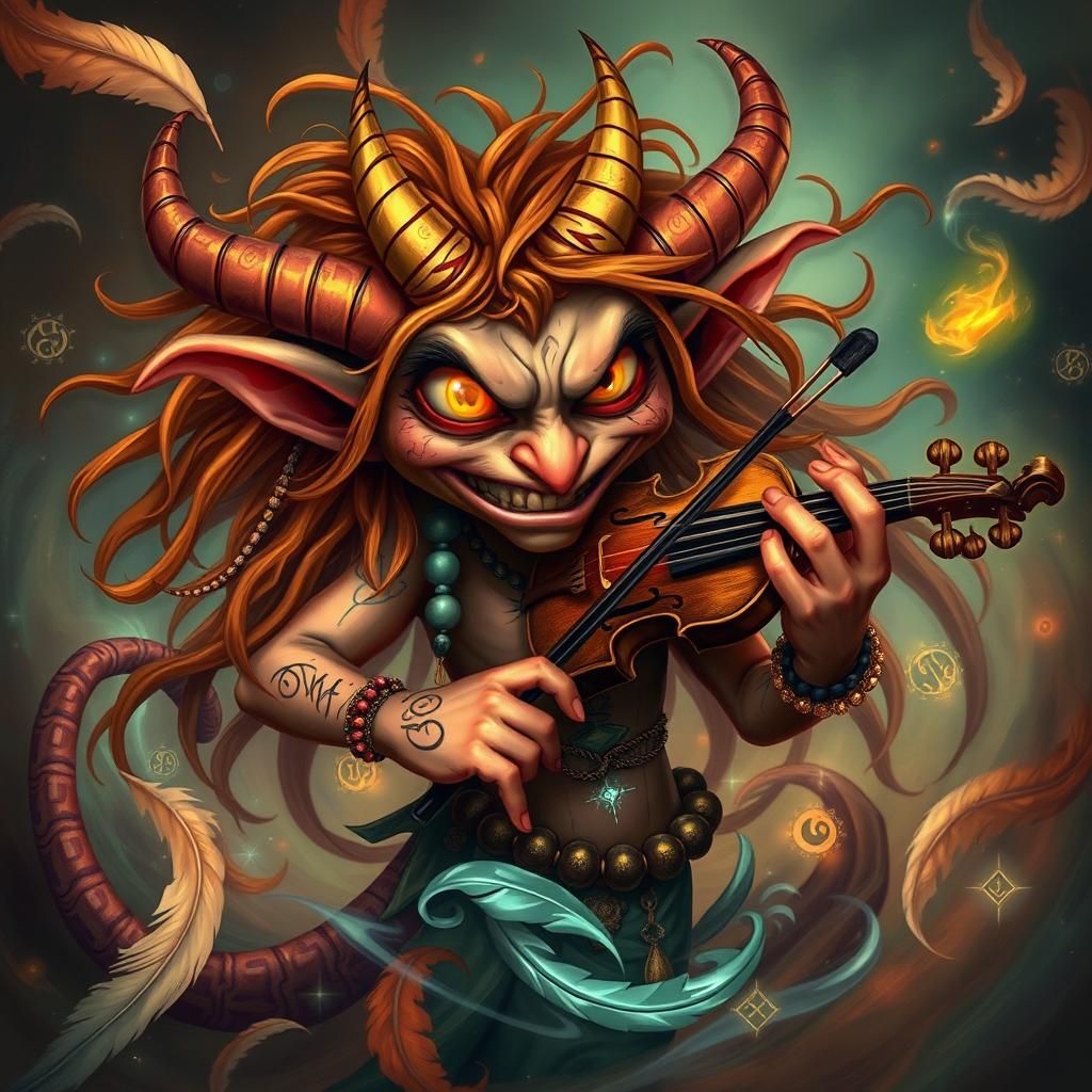 Demon Violinist with Glowing Runes, Digital Art