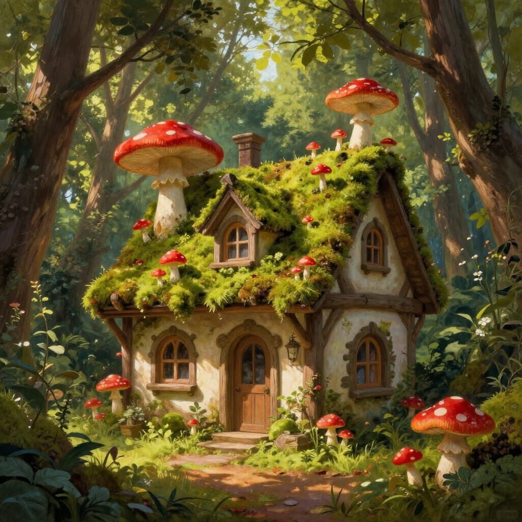 Whimsical House with Toadstool Roof in Enchanted Forest