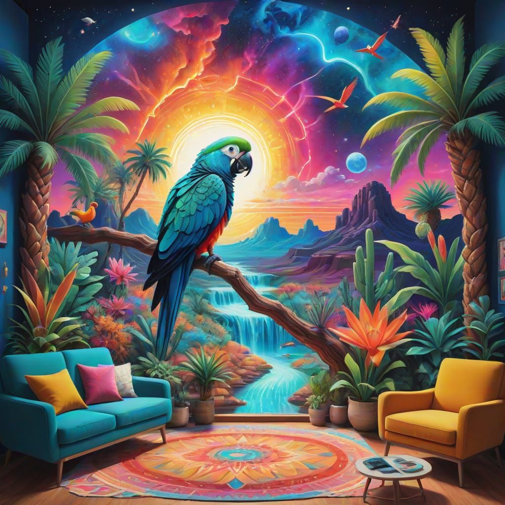 Vibrant Living Room With Holographic Desert Oasis and Tropic...