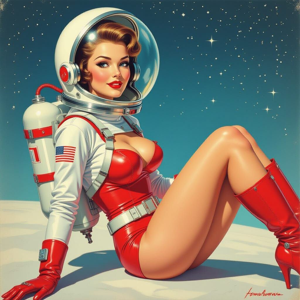 Retro Space Woman Floating in Cosmic Style
