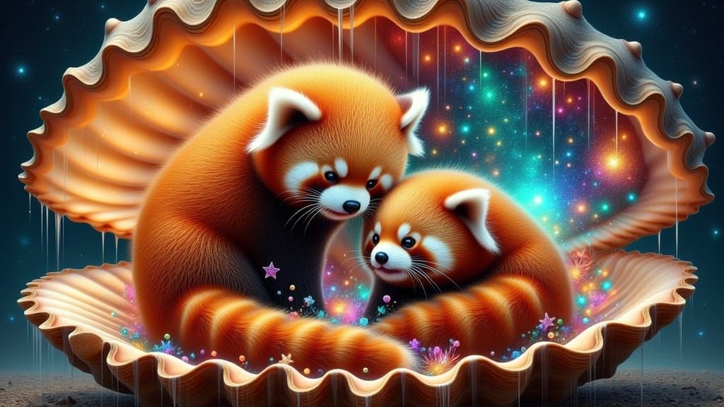Whimsical Red Pandas in a Celestial Seashell