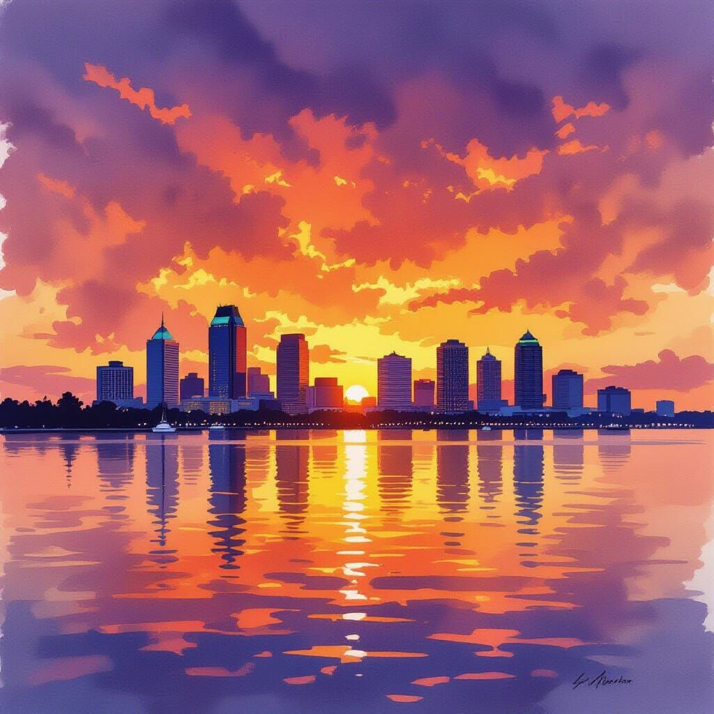 Tampa Skyline Watercolor at Fiery Sunset