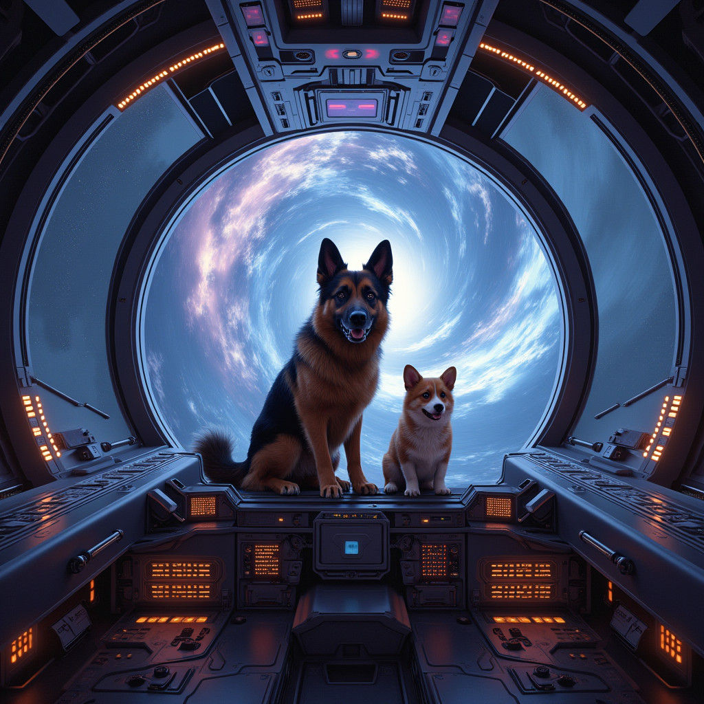 German Shepherd and Corgi in Sci-Fi Spaceship