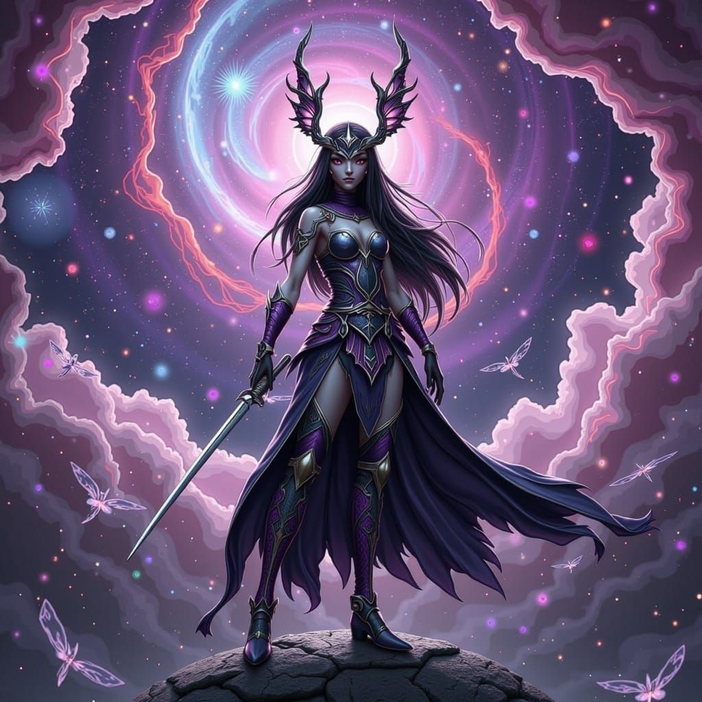 Ethereal Drow Samurai Amidst Cosmic Nebula
