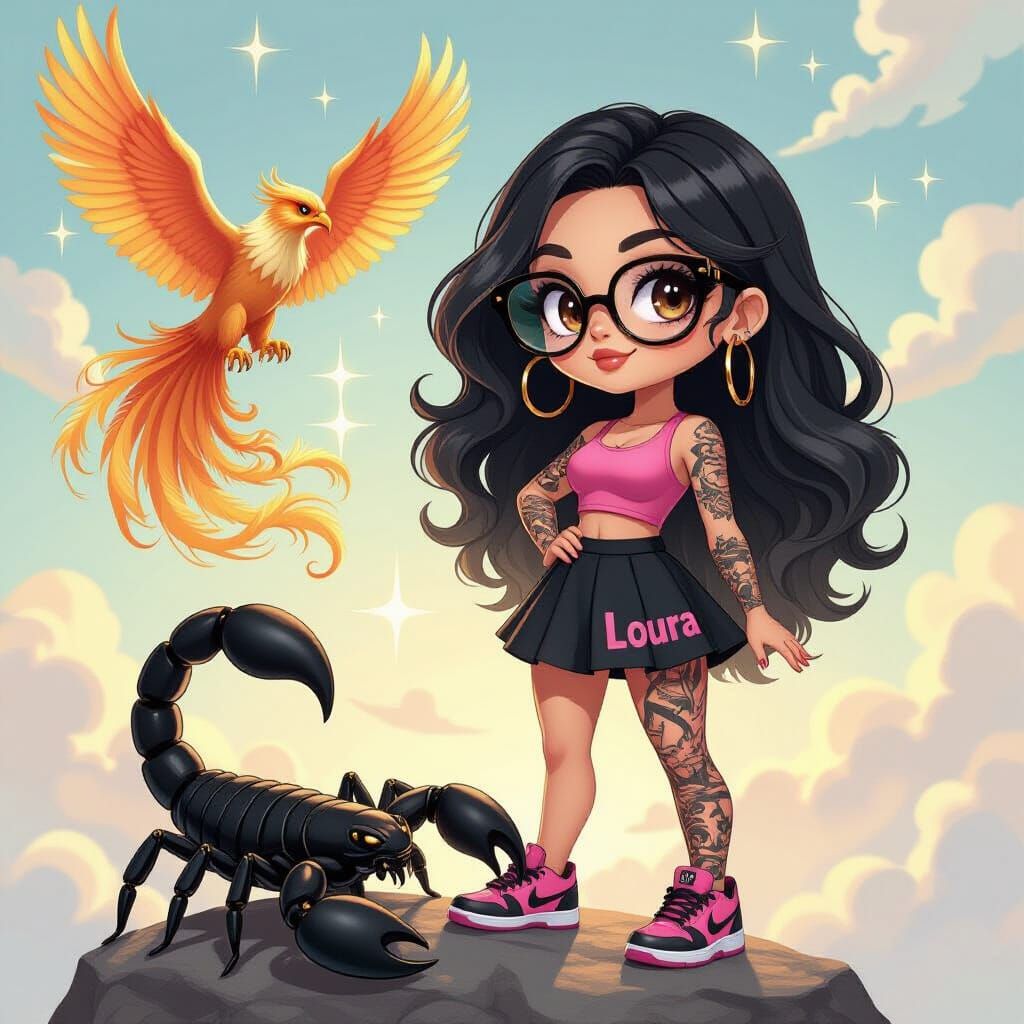 Chibi Woman with Phoenix and Scorpion, Digital Art