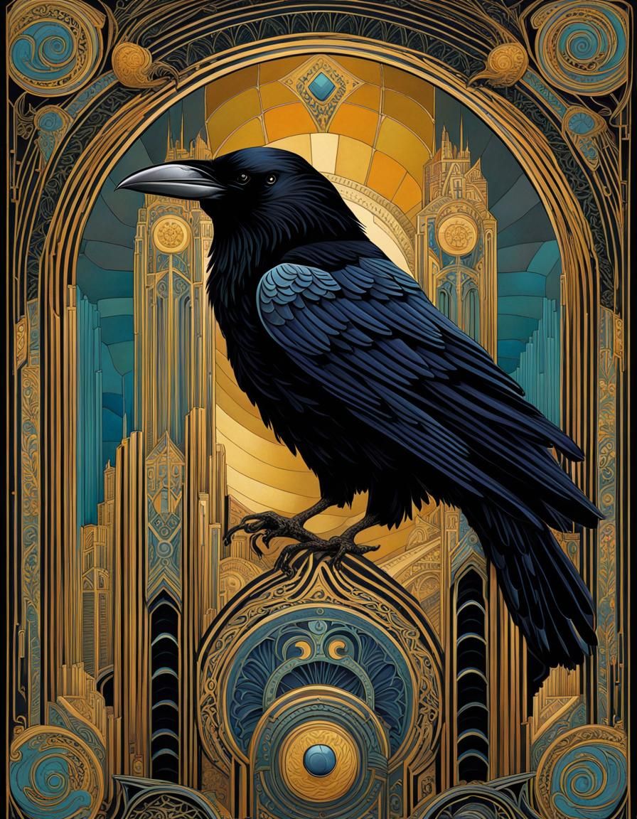 Art Deco Raven in Detailed Digital Gouache