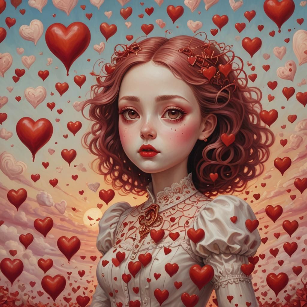 Kerstin in Pop Surrealism with Flying Red Hearts
