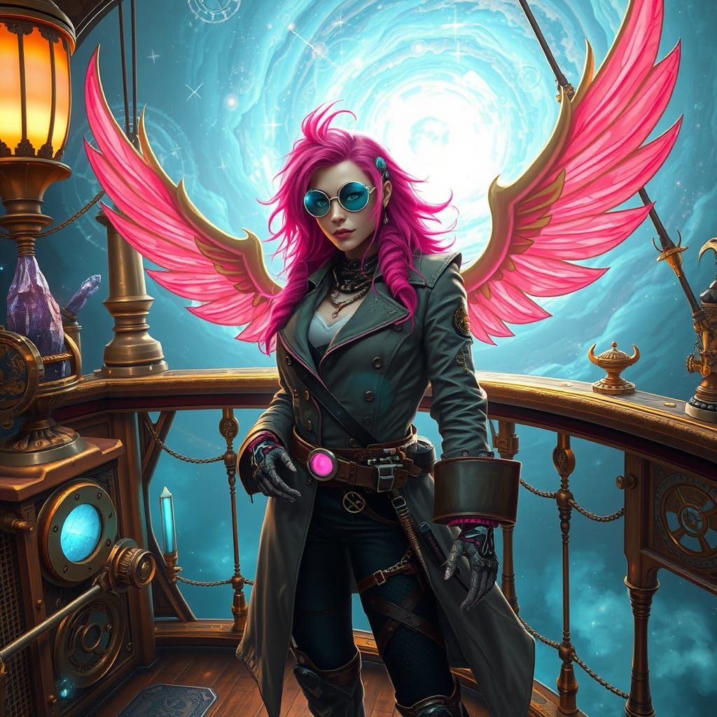 Steampunk Space Pirate on Airship with Cybernetic Enhancemen...