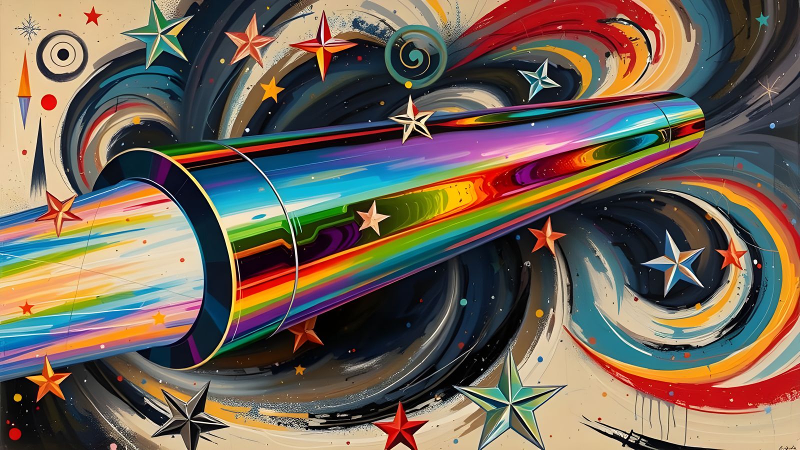 Sleek Rainbow Cylinder with Fiery Vortex and Starbursts