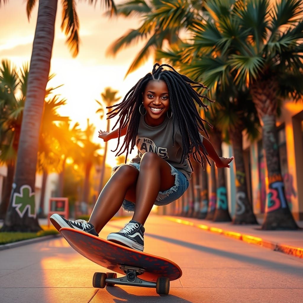 A beautiful black girl with dreads on a skateboard in the ci...