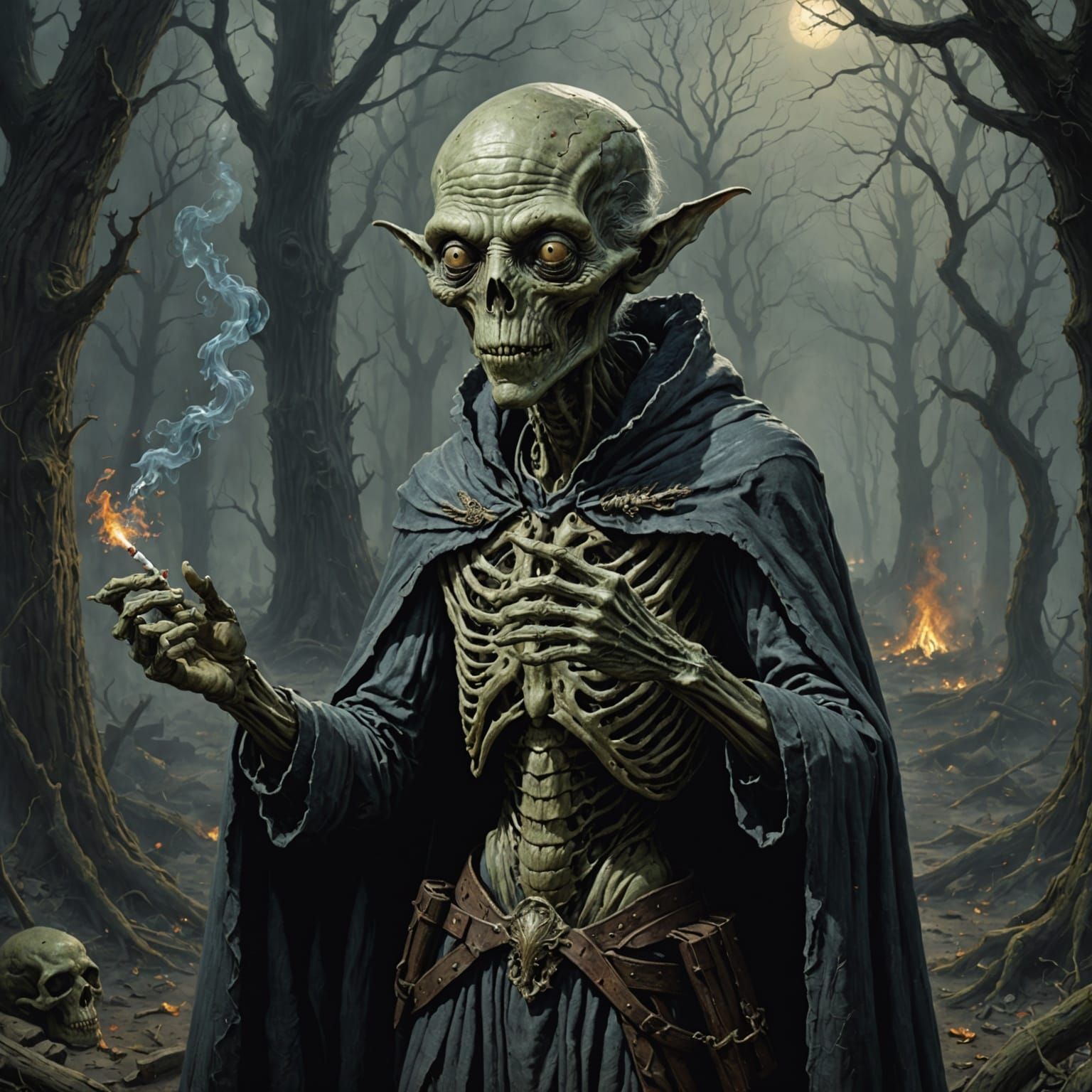 Spooky Grey Alien Smoking Spliff in Horror Style