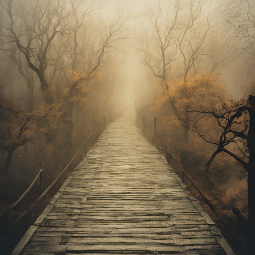 Surreal Autumn Bridge Beckons into the Abyss