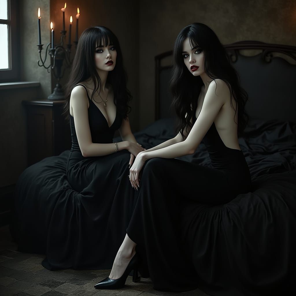 Gothic Vampires in Dark Bedroom with Elegant Black Attire
