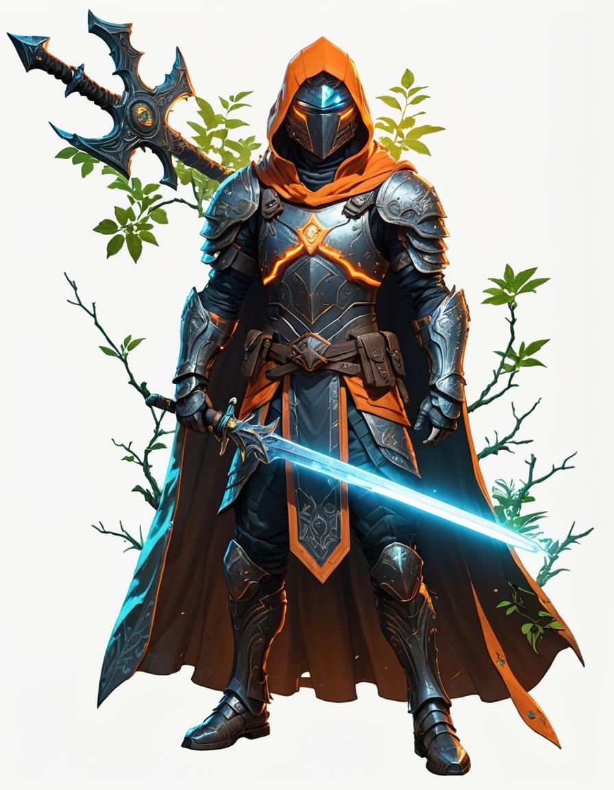 Neon Swordsman with Glowing Eyes in Dreamy Forest