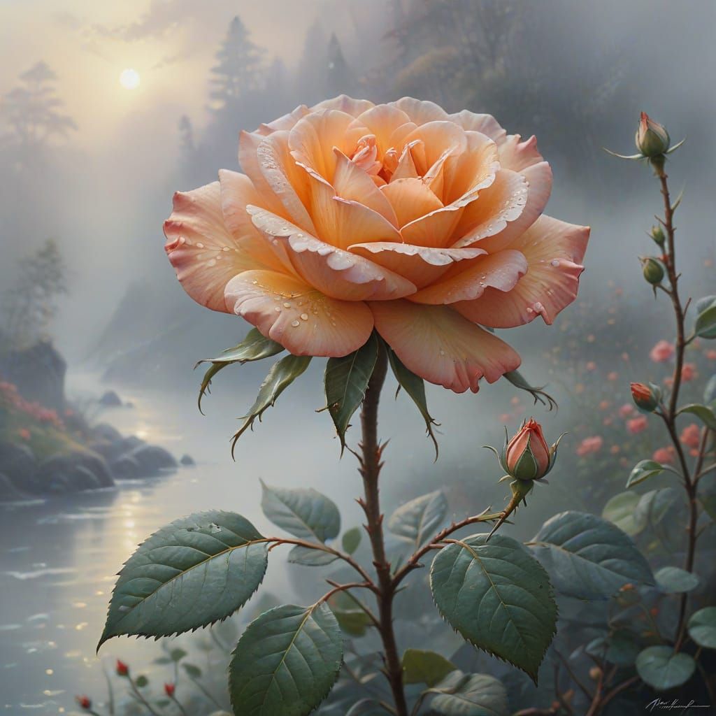 Ethereal Orange Rose Blossom in Misty Watercolour