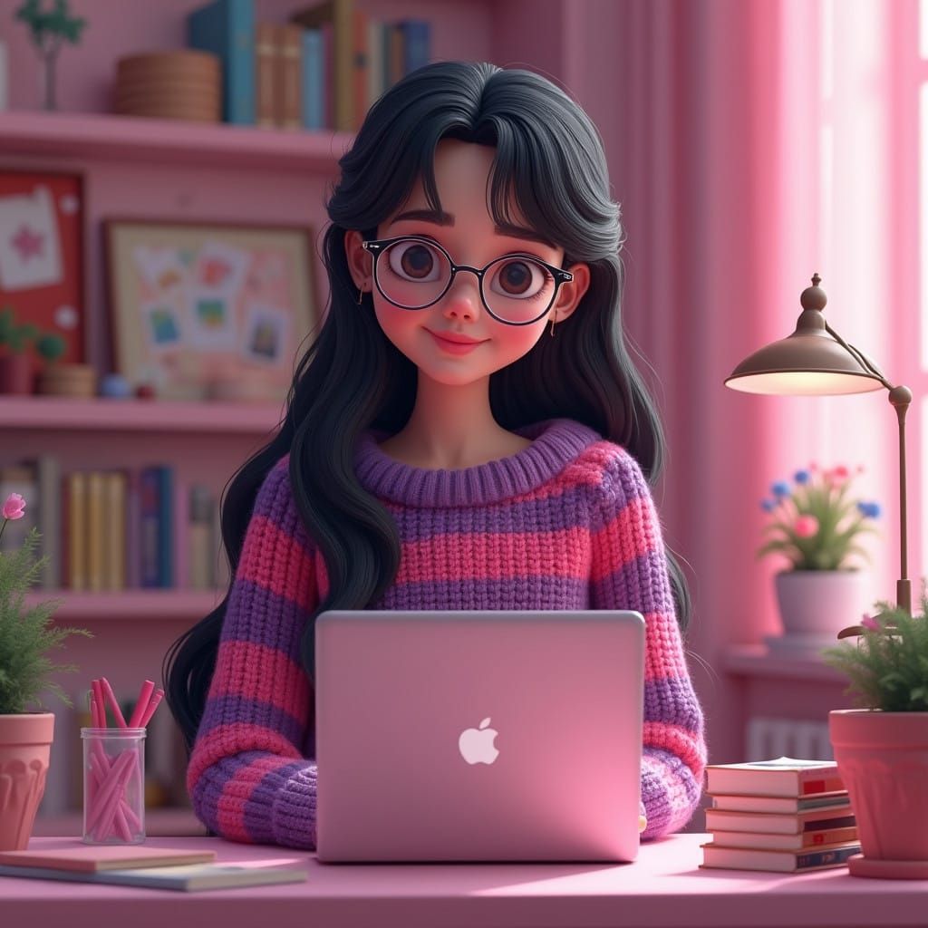 Girl in Whimsical Pink Office, Wearing Vibrant Sweater and T...