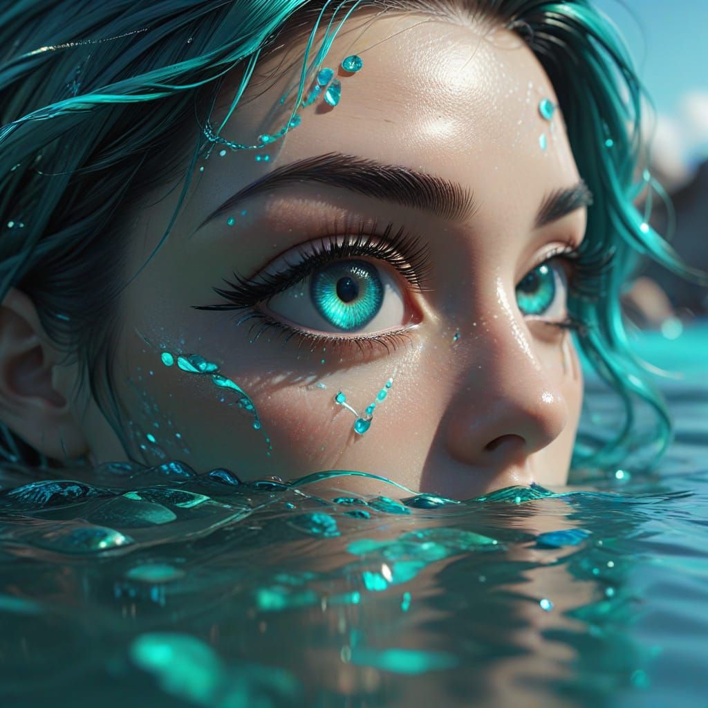 Vibrant Turquoise Eyes in Futuristic Water