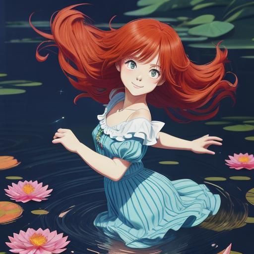 Anime Girl Leaping Over Lily Pads at Night