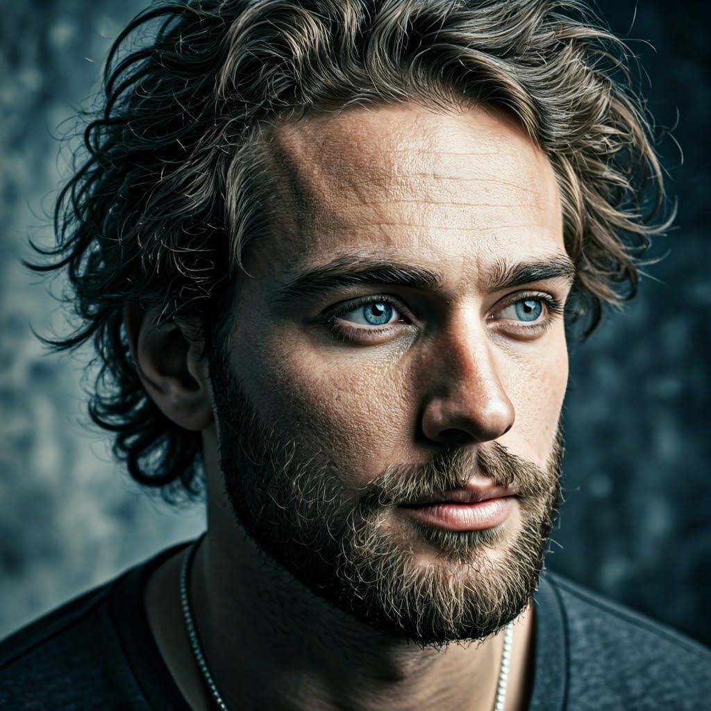 Moody Portrait of a Handsome Young Man in Monochromatic Blue...