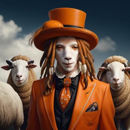 Anthropomorphic Sheep with Dreadlocks in Orange Suit