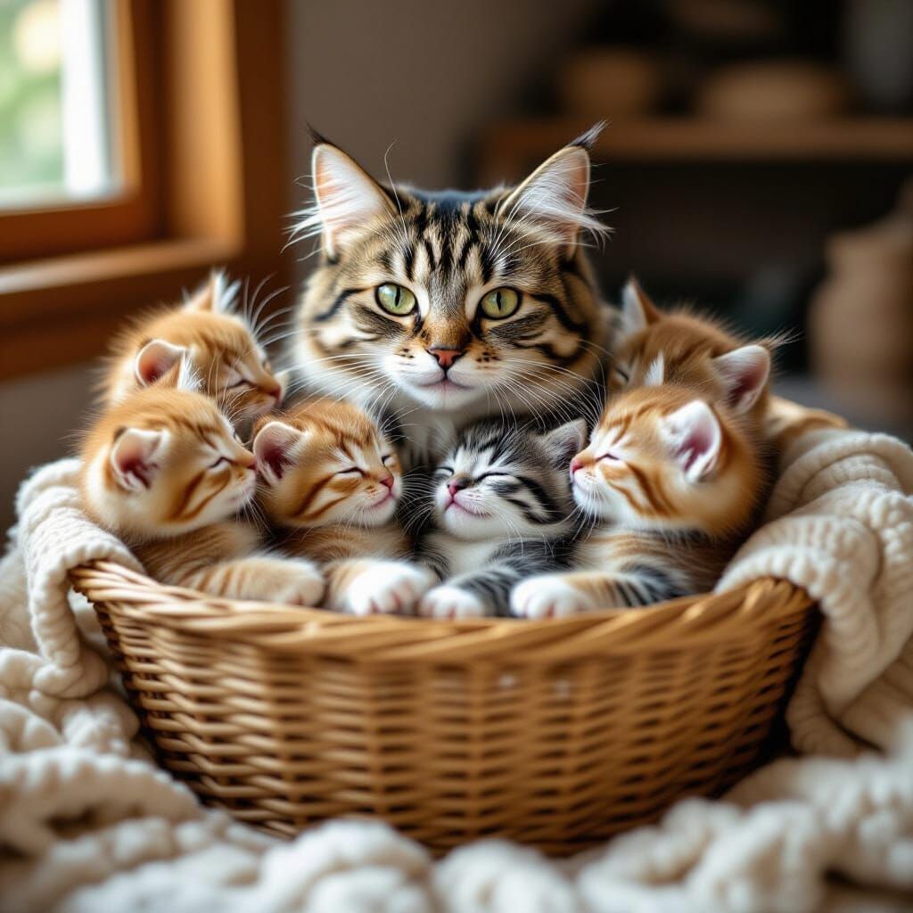 Adorable Mother Cat and Kittens Play in Basket