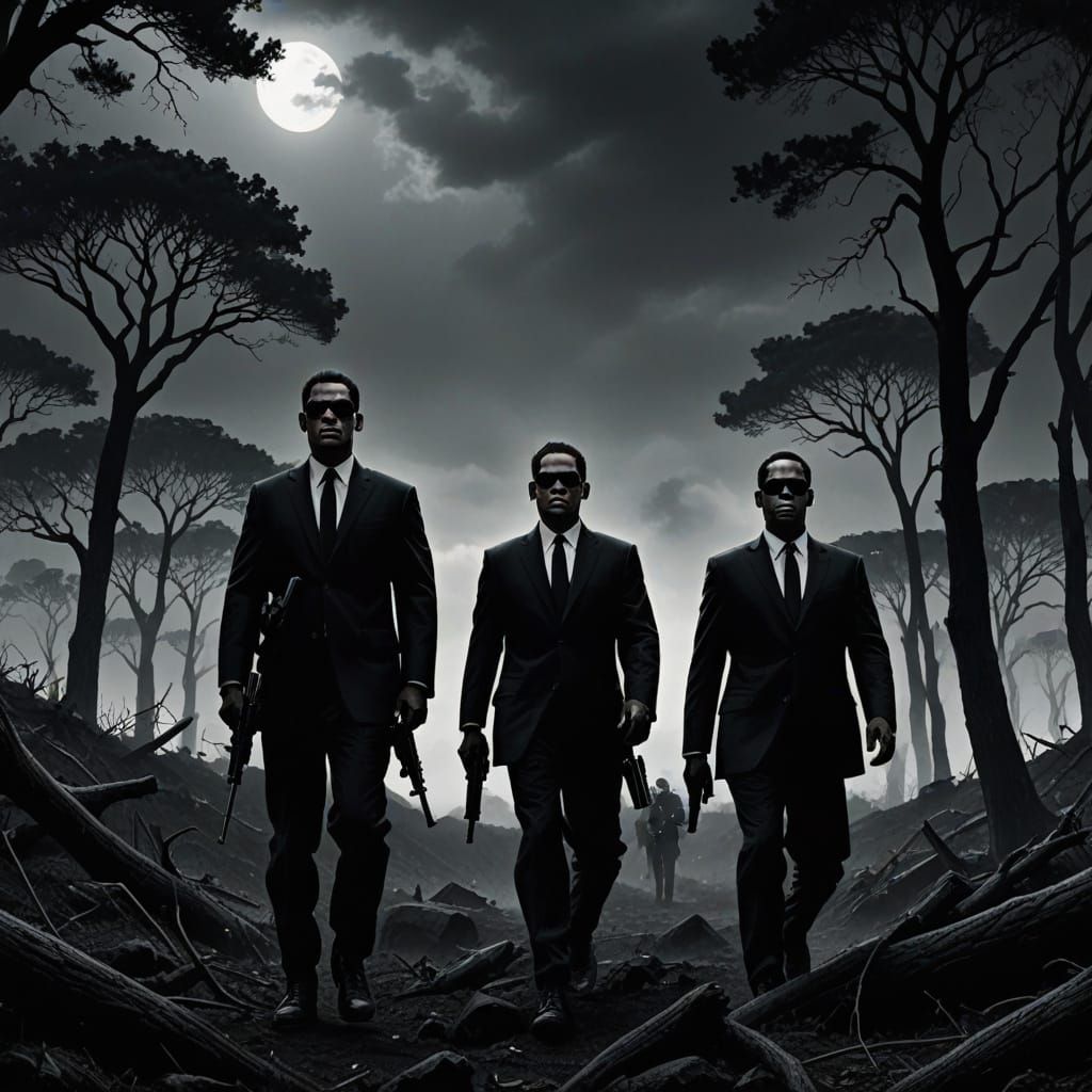 Men in Black Army in Dark Landscape