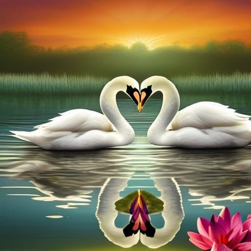 Hyperreal Swans Kissing at Sunset on Lake