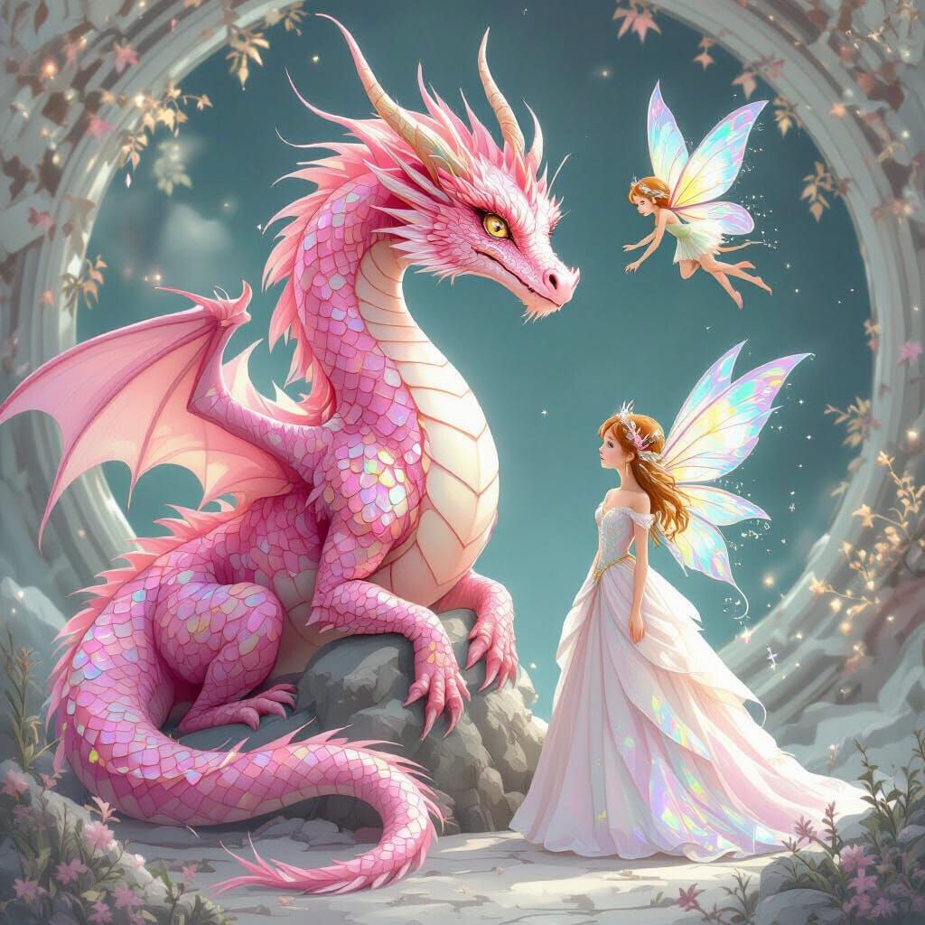 Pink Dragon, Fairy, and Princess in Ethereal Glow