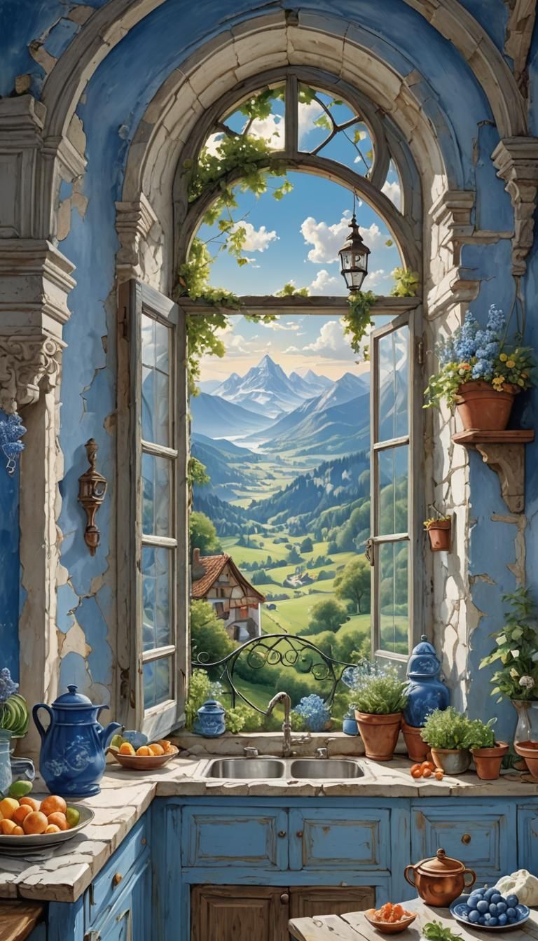 Blue and White Fantasy Kitchen with Scenic View