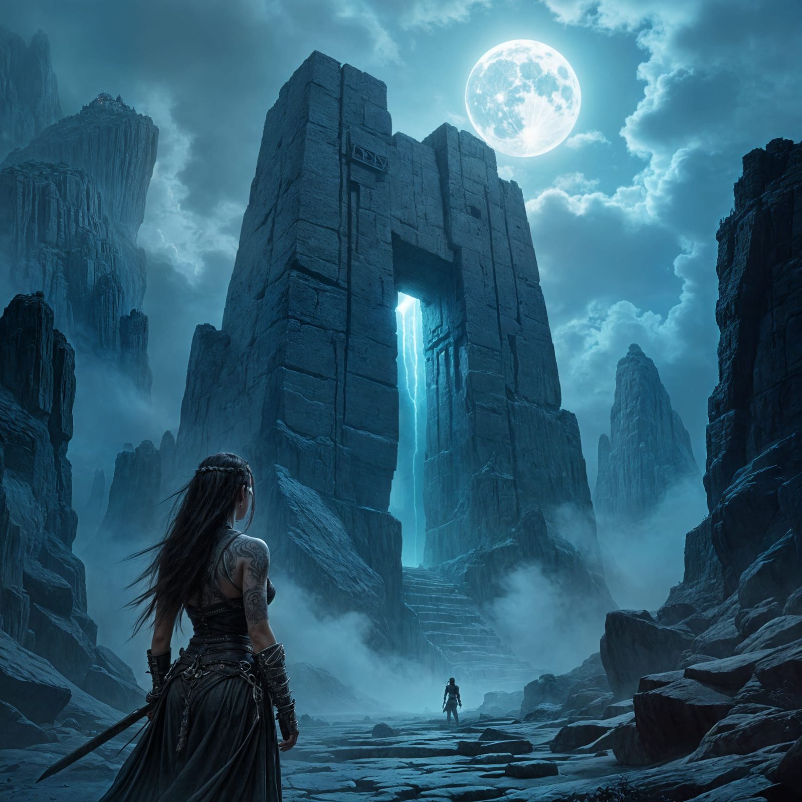 Tribal Warrior Before Meteorite Cabin in Dark Fantasy Style