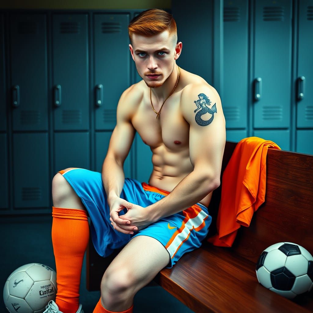 Handsome Soccer Player in Locker Room: Cinematic Film Style