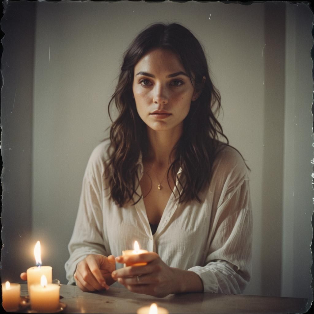 Brunette Woman in Candlelight: Cinematic Polaroid