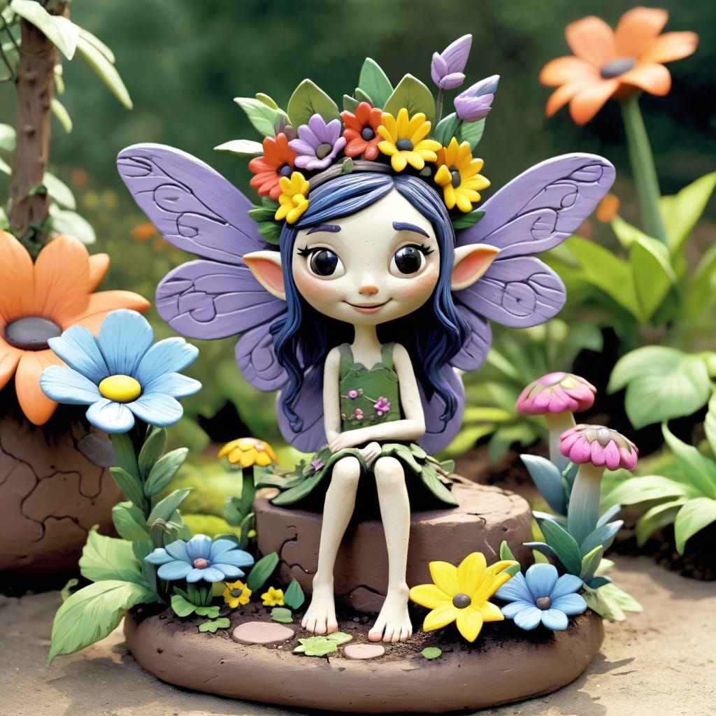Whimsical Clay Fairy in a Vibrant Garden Scene