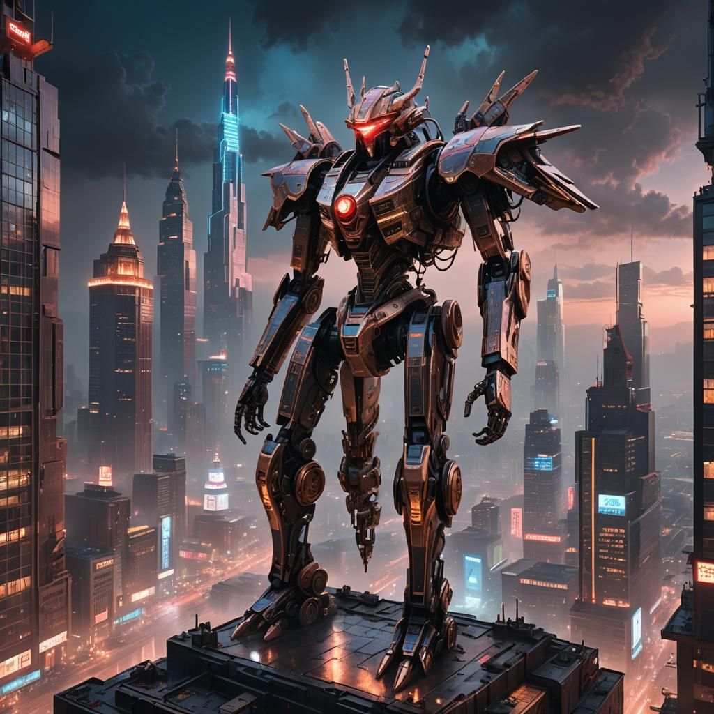 Ishtar-Inspired Mech in Dystopian Metropolis