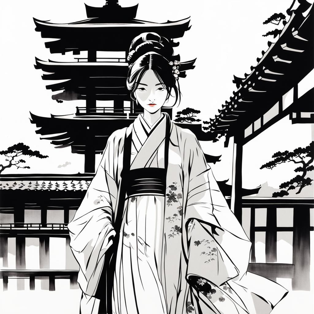 Minimalist Japanese Ink Painting of Kimono Woman