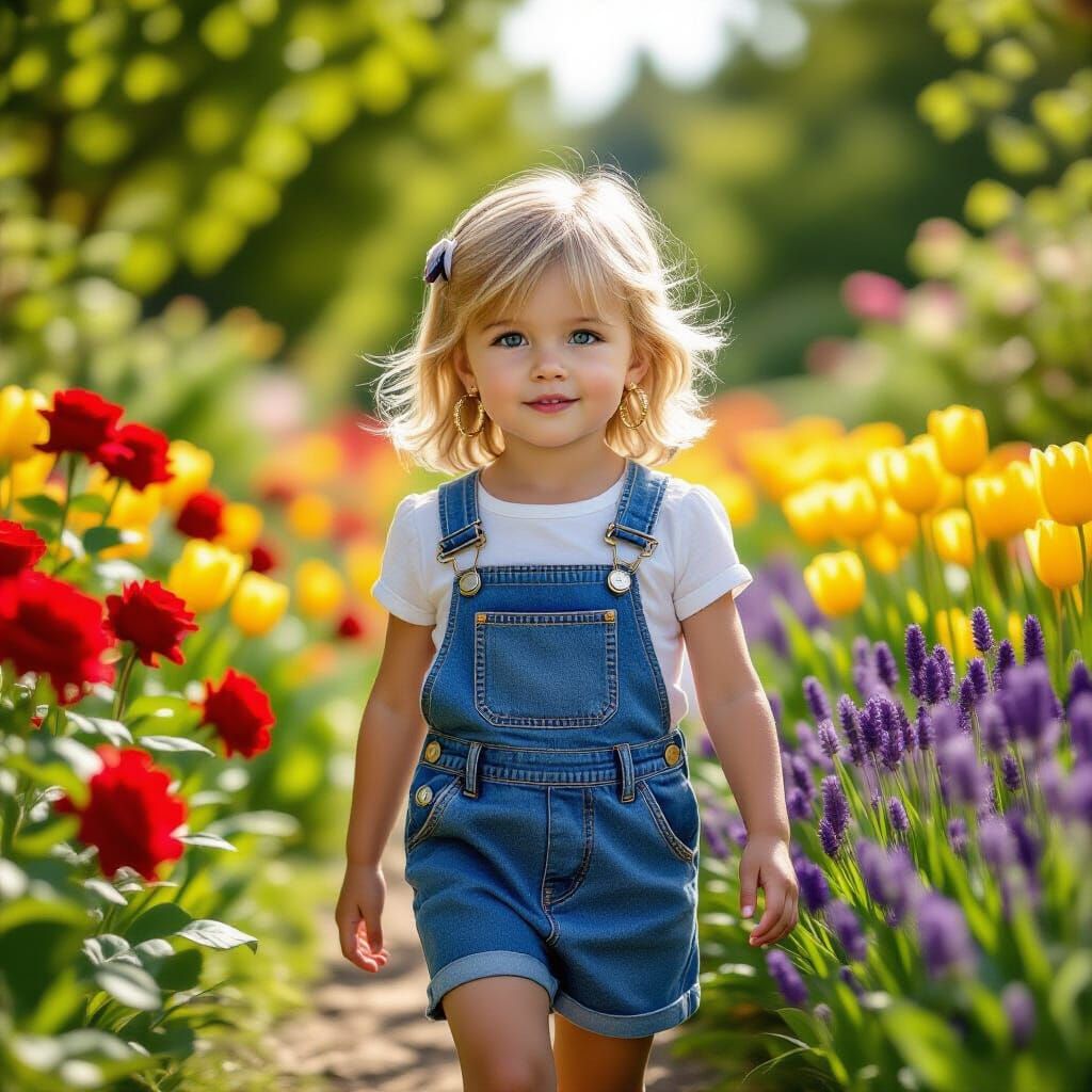Blonde Girl in Denim Dress Explores Vibrant Flower Garden