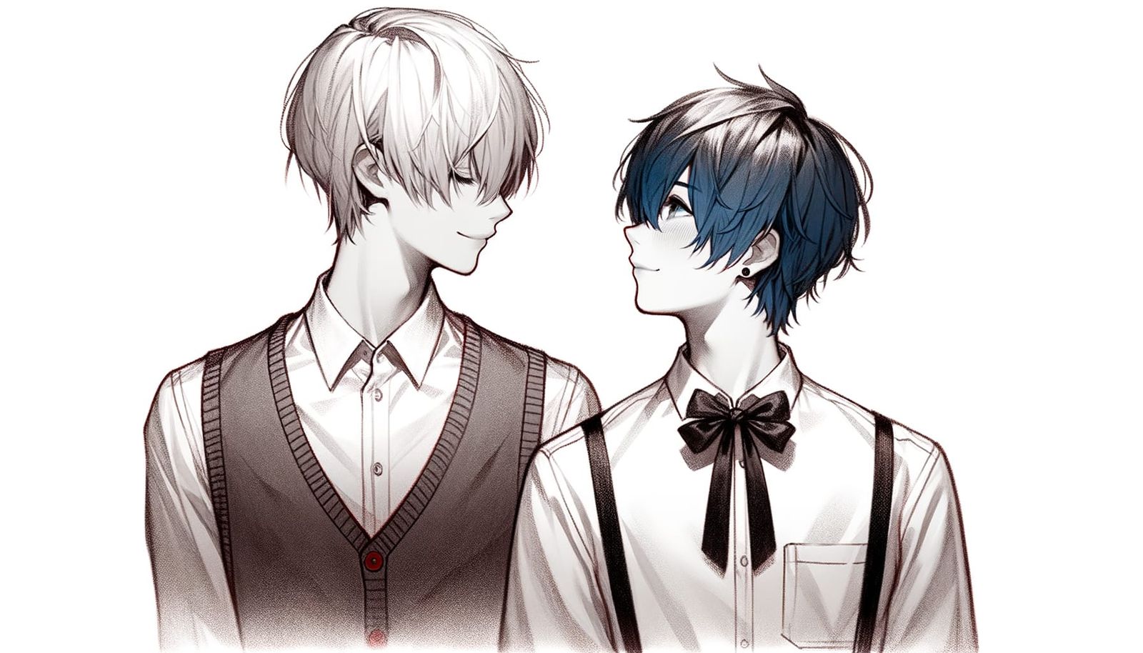 Create a minimalist, unrefined graphite sketch with visible strokes in a bishonen anime style of a romantic couple, wher...