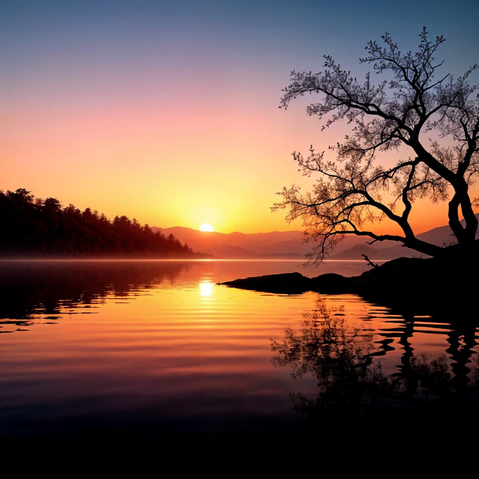 Romantic Sunset Landscape with Silhouetted Tree and Dewdrop ...