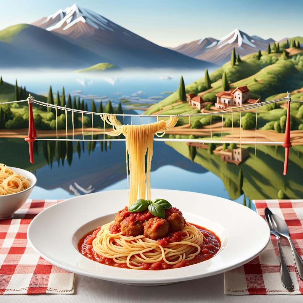 Playful Spaghetti Bridge over Marinara Lake