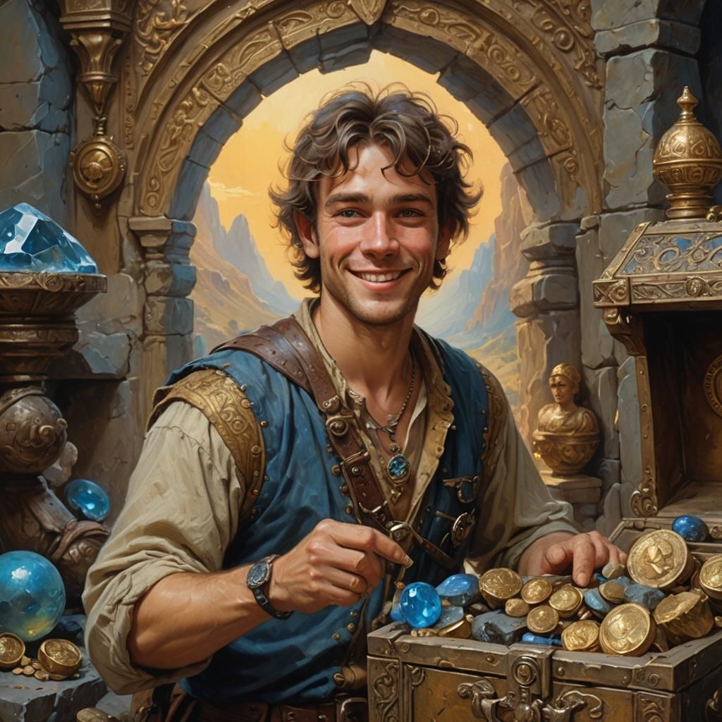 Adventurer with Blue Stone in Fantasy Oil Painting