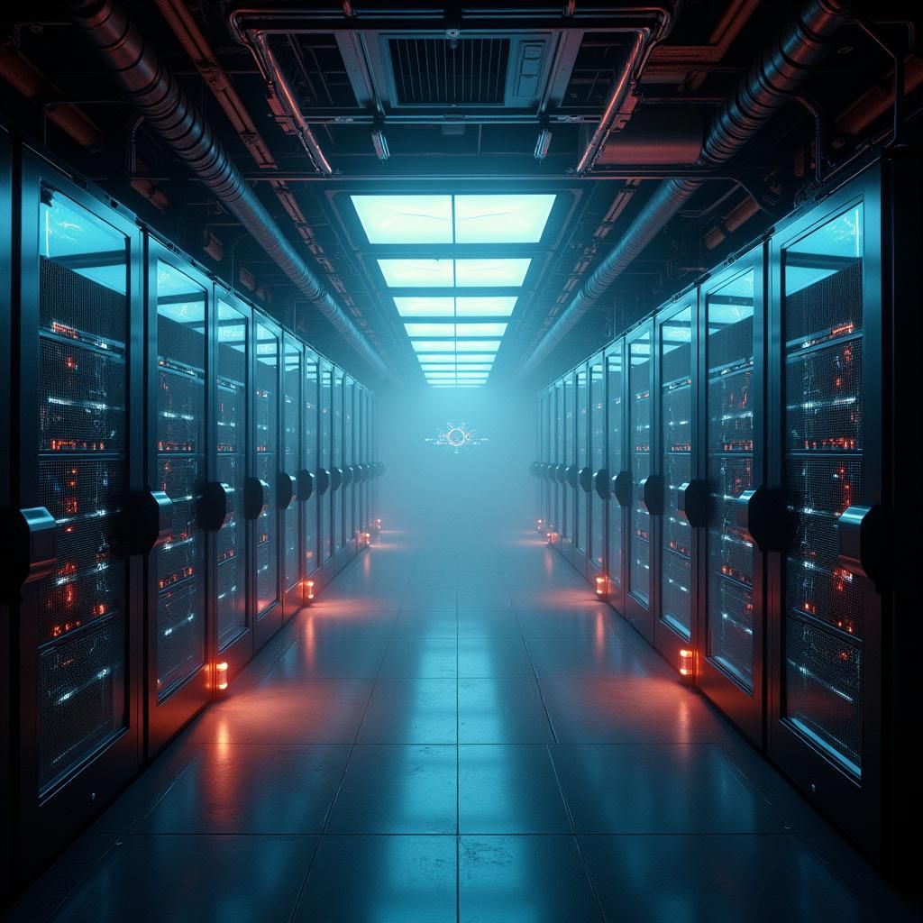 Futuristic Data Center with Holographic Displays