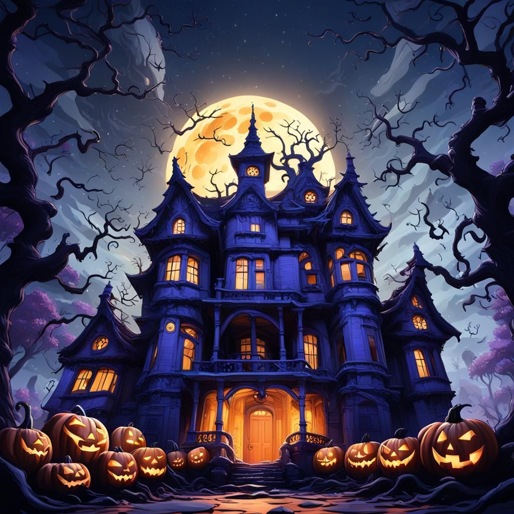 Dark Fantasy Halloween Mansions Under Moonlight