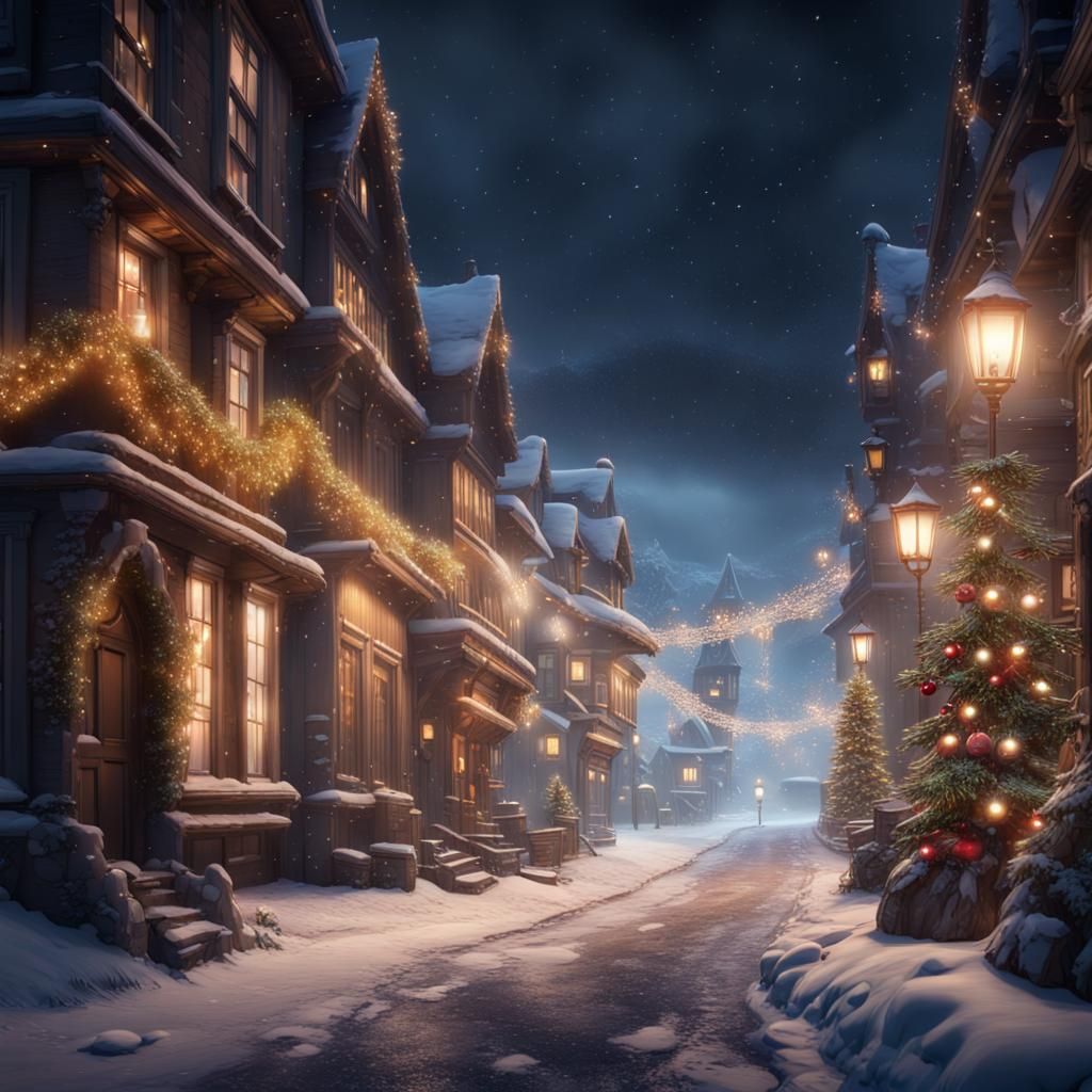 Christmas Street on a Snowy Night in Matte Painting Style