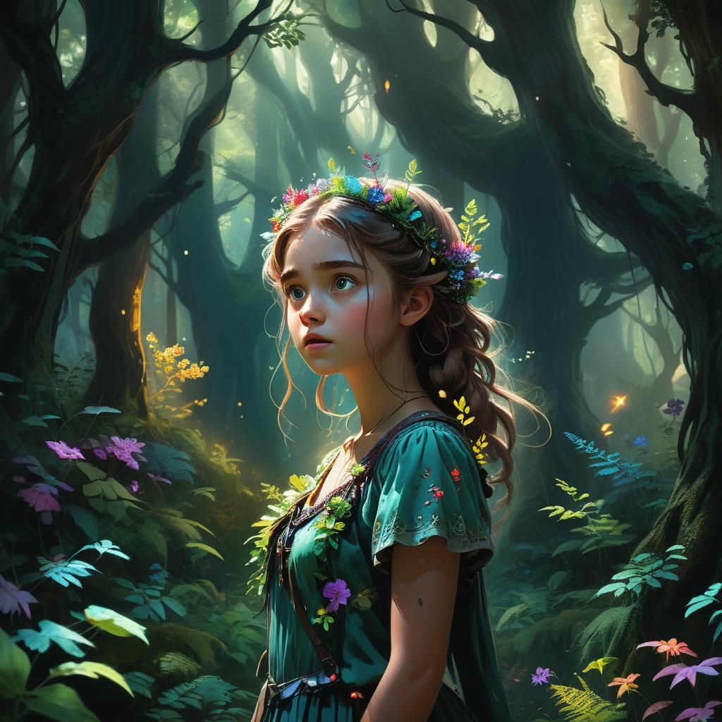 Surprised Girl in Mystical Forest: Fantasy Concept Art