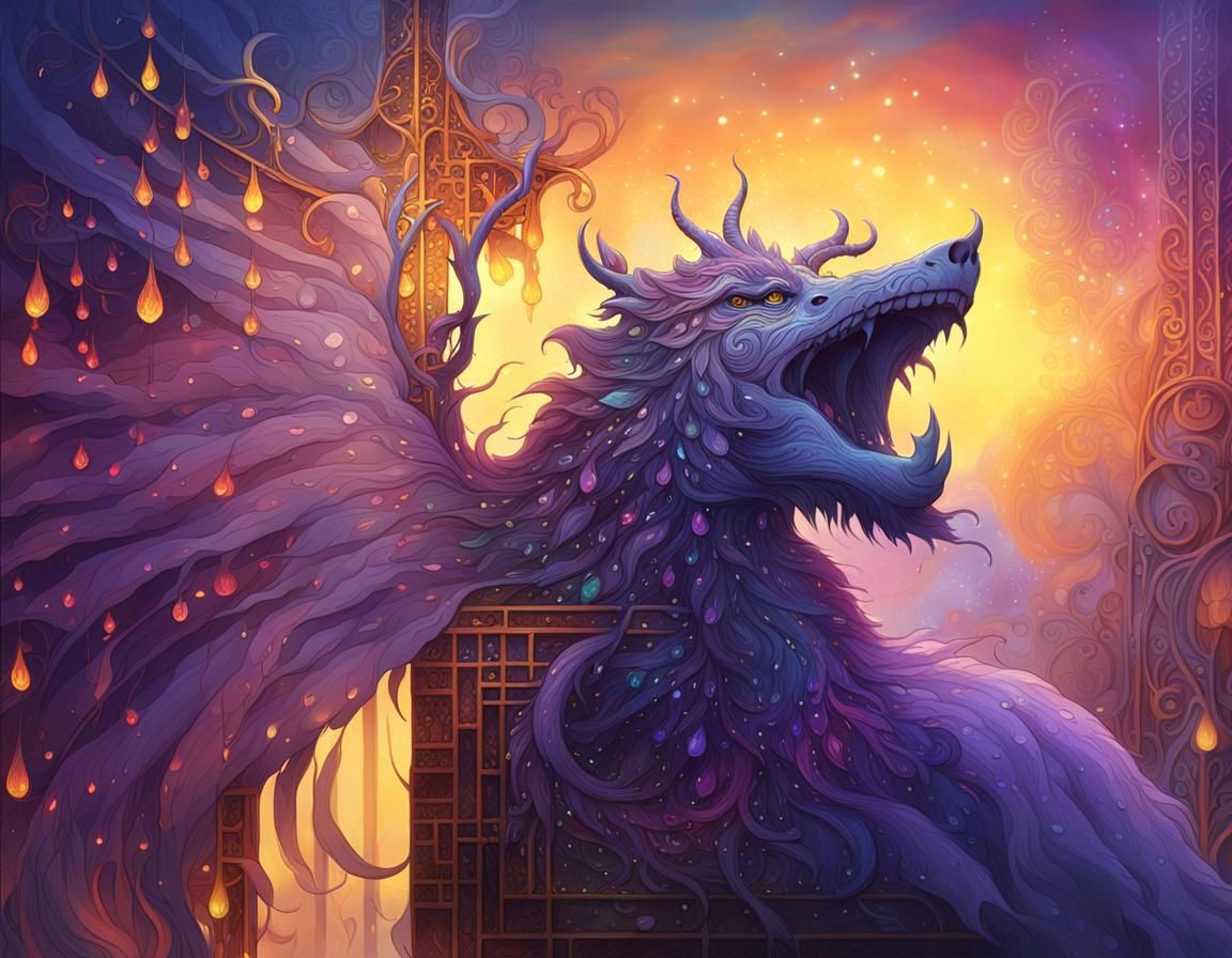 Mythical Creature Emerging from Sunset Fog